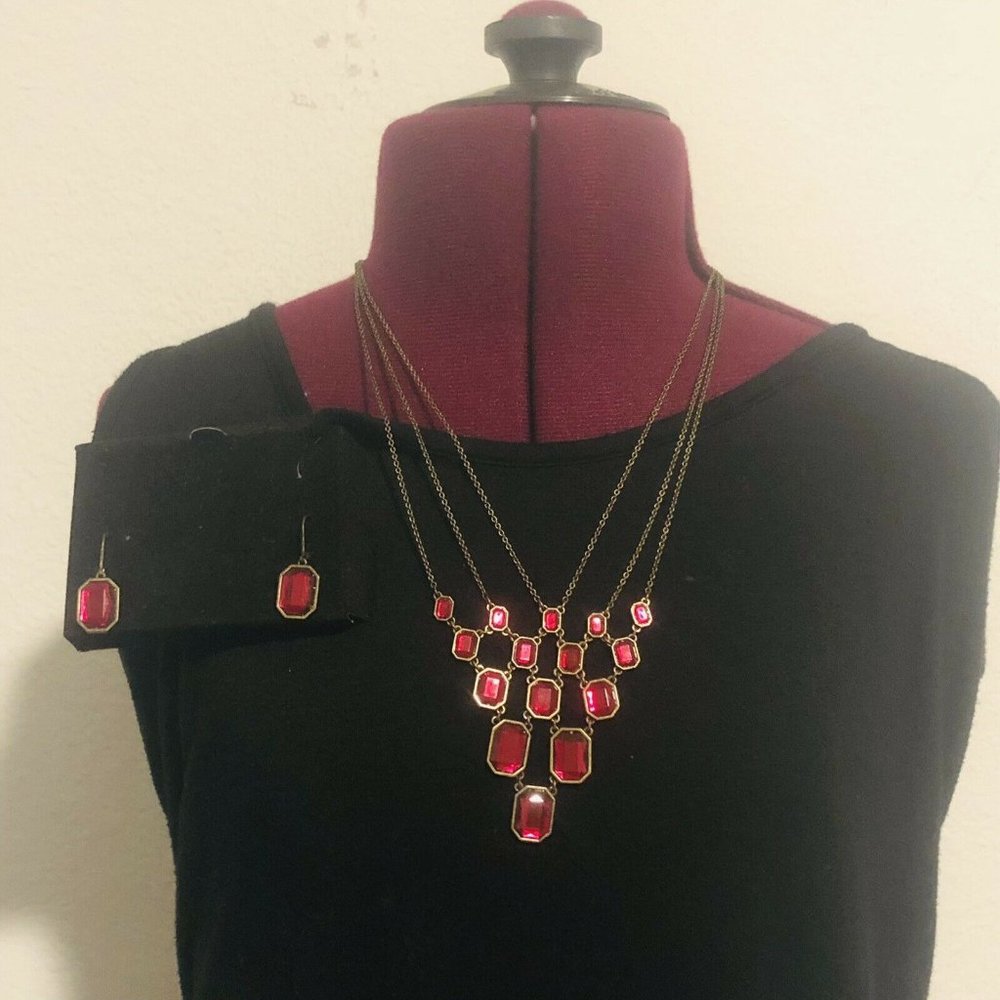 Signed NR Avon Of Belleville Vintage Red Rhinestone Brass Necklace Earring Set